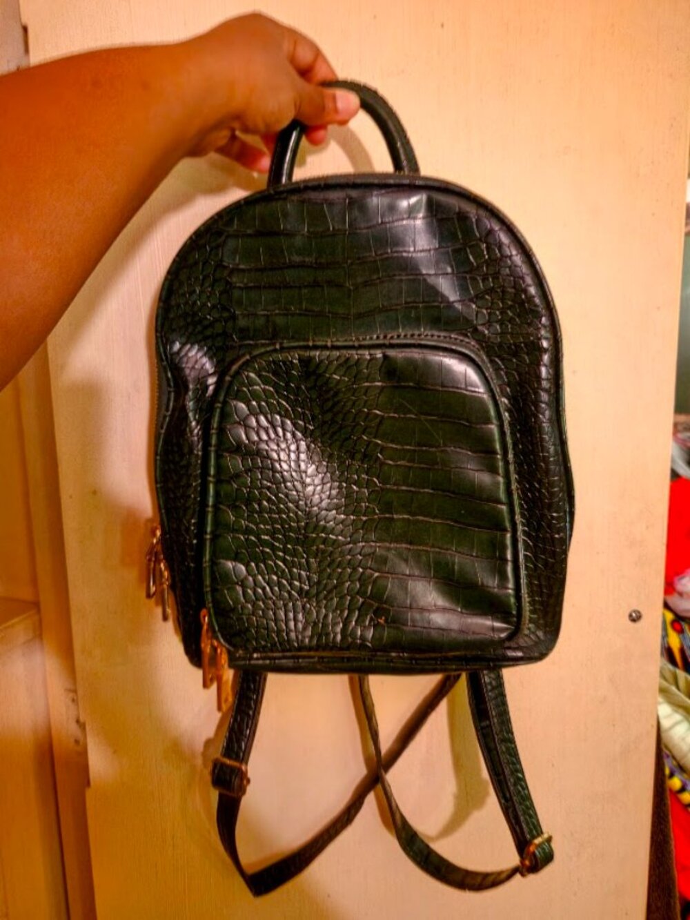 Luxe Emerald Green Croc Embossed Leather Backpack Structured Backpack Gold Zip